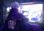  1boy abs black_gloves brown_eyes cape clutch2130 covered_mouth elbow_gloves gloves indoors male_focus midriff original overgrown purple_cape standing tattoo white_hair window 
