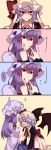  /\/\/\ 2girls 4koma ? absurdres all_fours alternate_costume ascot bangs bat_wings black_wings bow brooch closed_mouth comic commentary_request directional_arrow fingernails fingersmile hair_between_eyes hair_bow hat hat_ribbon highres himajinsan0401 jewelry juliet_sleeves long_fingernails long_hair long_sleeves mob_cap multiple_girls nail_polish patchouli_knowledge puffy_sleeves purple_hair purple_hat red_bow red_eyes red_nails red_neckwear red_ribbon remilia_scarlet ribbon sash silent_comic smile sweatdrop touhou violet_eyes wings 