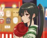 1girl alternate_costume black_hair blurry candy_apple depth_of_field festival food food_on_face japanese_clothes kantai_collection kimono kodama_(user_rnfr3534) long_hair looking_at_viewer mask ponytail red_eyes sidelocks solo summer_festival yahagi_(kantai_collection) yukata 