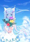  1girl animal_ears bangs bare_arms blue_eyes blue_sky blunt_bangs bow bridal_veil cat_ears cat_tail chinese_commentary clouds commentary_request dress flower hair_bow highres holding long_hair looking_at_viewer low_twintails nekopara pink_bow sky solo tail tail_ornament twintails user_vkkt4784 vanilla_(sayori) vase veil white_dress white_hair 