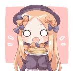  1girl :d abigail_williams_(fate/grand_order) bangs black_bow black_dress black_hat blonde_hair blue_eyes blush bow brown_background commentary_request dress eyebrows_visible_through_hair fate/grand_order fate_(series) food forehead hair_bow hands_up hat hikkii holding holding_plate long_hair long_sleeves looking_at_viewer o_o open_mouth orange_bow pancake parted_bangs plate polka_dot polka_dot_bow sleeves_past_fingers sleeves_past_wrists smile solo stack_of_pancakes two-tone_background upper_body very_long_hair white_background 