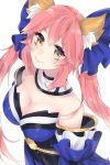  1girl absurdres animal_ear_fluff animal_ears bare_shoulders blue_kimono blue_ribbon breasts cleavage collarbone detached_sleeves fate/grand_order fate_(series) fox_ears fox_girl hair_ribbon highres japanese_clothes kimono large_breasts pink_hair ribbon simple_background solo tamamo_(fate)_(all) tamamo_no_mae_(fate) ub.c white_background yellow_eyes 