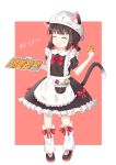  1girl :t animal_ear_fluff animal_ears apron azur_lane ban_ge_juzi bangs bell black_dress black_footwear blush bow brown_background brown_hair candy cat_ears cat_girl cat_tail chocolate_chip_cookie closed_eyes closed_mouth commentary_request dress ears_through_headwear eating facing_viewer food frilled_apron frills full_body hair_bow hat holding holding_cookie holding_food jingle_bell kneehighs lollipop loose_socks low_twintails mutsuki_(azur_lane) puffy_short_sleeves puffy_sleeves red_bow shoes short_sleeves short_twintails solo standing swirl_lollipop tail tail_raised translated twintails two-tone_background white_apron white_background white_hat white_legwear 