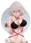  bare_shoulders bikini black_bikini blush breasts commentary_request eyebrows_visible_through_hair fate/grand_order fate_(series) jeanne_d&#039;arc_(alter_swimsuit_berserker) jeanne_d&#039;arc_(fate)_(all) large_breasts looking_at_viewer navel o-ring o-ring_bikini o-ring_top open_mouth short_hair side-tie_bikini silver_hair solo swimsuit yellow_eyes yuki_maccha_(yukimattya10) 