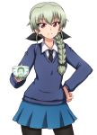  1girl absurdres alternate_costume alternate_hairstyle anchovy black_legwear bow braid contrapposto cowboy_shot cup eyebrows_visible_through_hair frown girls_und_panzer green_hair hair_bow hand_on_hip highres long_hair necktie omachi_(slabco) pantyhose pleated_skirt red_eyes serious simple_background single_braid skirt solo st._gloriana&#039;s_school_uniform sweater teacup white_background 