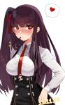  1girl bangs black_skirt blush breasts collared_shirt commentary dated eyebrows_visible_through_hair food girls_frontline hair_ribbon half_updo heart high-waist_skirt hoshi_usagi large_breasts long_hair long_sleeves looking_at_viewer mouth_hold necktie one_side_up pantyhose pocky pocky_day pocky_kiss purple_hair red_eyes red_neckwear ribbon shared_food shirt simple_background skirt solo spoken_heart striped striped_shirt very_long_hair wa2000_(girls_frontline) white_background 