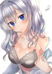  1girl blue_eyes blush bra breasts cleavage collarbone commentary_request grey_bra kantai_collection kashima_(kantai_collection) large_breasts long_hair long_sleeves looking_at_viewer open_clothes open_shirt silver_hair simple_background solo underwear undressing upper_body white_background yumi_yumi 
