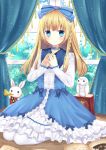 1girl artist_request blonde_hair blue_bow blue_choker blue_dress blue_eyes blush book bow choker copyright_request curtains day dress fingers_together frilled_dress frills hair_bow indoors long_hair long_sleeves looking_at_viewer official_art open_book pantyhose rabbit seiza sitting smile solo stuffed_animal stuffed_owl stuffed_toy tree 