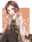  1girl :d bang_dream! bangs beige_jacket black_legwear blush brown_dress brown_eyes brown_hair collarbone collared_dress commentary_request dress hazawa_tsugumi ito22oji knees_together long_sleeves looking_at_viewer open_mouth orange_background outline pantyhose plaid plaid_dress short_hair sitting smile solo star starry_background white_outline 