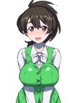  1girl alternate_costume bangs black_ribbon breasts brown_eyes brown_hair commentary_request dress_shirt eyebrows_visible_through_hair girls_und_panzer green_skirt green_vest hair_ribbon highres koyama_yuzu large_breasts long_sleeves looking_at_viewer medium_hair neck_ribbon office_lady onsen_tamago_(hs_egg) open_mouth ribbon shirt short_ponytail simple_background skirt smile solo standing upper_body v_arms vest white_background white_neckwear white_shirt wing_collar 
