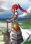  1girl armor armored_dress bow breastplate character_request clouds cloudy_sky dress faulds floating_hair from_side gauntlets goemon1110 hair_bow hands_on_hilt highres long_hair looking_down outdoors ponytail red_eyes redhead sidelocks sky sleeveless sleeveless_dress solo standing white_bow white_dress 