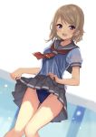  1girl bangs blue_eyes blush brown_hair collarbone eyebrows_visible_through_hair hair_between_eyes hajime_kaname looking_at_viewer love_live! love_live!_sunshine!! miniskirt neckerchief one-piece_swimsuit open_mouth pleated_skirt sailor_collar school_swimsuit school_uniform see-through short_hair skirt skirt_lift smile solo swimsuit swimsuit_under_clothes upskirt watanabe_you water wet wet_clothes 