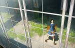  1girl black_hair broken_window carrying day dress from_above glasses looking_at_viewer original ruins short_hair solo walking window yoshida_seiji 