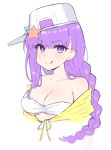  bare_shoulders baseball_cap bb_(fate)_(all) bb_(swimsuit_mooncancer)_(fate) blush breasts collarbone emu_(confisery) eyebrows_visible_through_hair eyes_visible_through_hair fate_(series) hat hat_pin highres large_breasts long_hair off_shoulder purple_hair shirt sideways_hat simple_background star star_hat_ornament tied_shirt upper_body violet_eyes white_background white_bikini_top white_hat yellow_shirt 