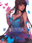  1girl artbook bangs blue_dress breasts brown_eyes brown_hair bug butterfly commentary cover_image dark_skin dress english_commentary finni_chang hair_flip insect lips long_hair looking_to_the_side medium_breasts nose original sitting solo strapless strapless_dress very_long_hair 