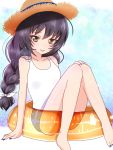  1girl :p alternate_hairstyle arm_support bangs barefoot black_hat blue_nails braid brown_hat closed_mouth commentary full_body girls_und_panzer hair_tie hand_on_own_knee hat innertube legs light_smile long_hair looking_at_viewer nail_polish one-piece_swimsuit pamchapyuzu see-through single_braid sitting solo straw_hat swimsuit tongue tongue_out white_swimsuit 