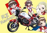  4girls :d absurdres bangs blonde_hair blush brown_eyes brown_hair clenched_hand commentary_request cross-laced_footwear daxz240r elbow_pads english eyebrows_visible_through_hair girls_und_panzer ground_vehicle gym_shirt gym_uniform hair_pulled_back hairband hands_together headband highres inset isobe_noriko kawanishi_shinobu knee_pads kondou_taeko leaning_to_the_side logo long_hair looking_at_viewer motor_vehicle motorcycle multiple_girls open_mouth parted_lips red_headband red_legwear red_shirt red_shorts sasaki_akebi shirt shoes short_hair short_ponytail short_shorts short_sleeves shorts single_vertical_stripe sitting sleeveless sleeveless_shirt smile sneakers socks sportswear swept_bangs t-shirt volleyball_uniform white_footwear white_hairband white_shirt yamaha yamaha_rz250 yellow_background 