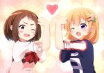  2girls ;d absurdres agung_syaeful_anwar arm_up bangs blue_shirt blush blush_stickers boku_no_hero_academia bow bras_d&#039;honneur brown_eyes brown_hair commentary_request cosplay costume_switch crossover eyebrows_visible_through_hair gochuumon_wa_usagi_desu_ka? hair_between_eyes heart highres hoto_cocoa light_brown_hair looking_at_viewer multiple_girls one_eye_closed open_mouth pink_vest rabbit_house_uniform red_bow romaji_commentary round_teeth sakura_ayane shirt short_sleeves smile teeth uniform upper_body upper_teeth uraraka_ochako v-shaped_eyebrows vest violet_eyes waitress white_shirt 