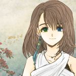  1girl blue_eyes breasts brown_hair commentary_request dress earrings final_fantasy final_fantasy_x green_eyes jewelry looking_at_viewer medium_hair smile solo yadoso yuna_(ff10) 