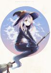  1girl broom broom_riding commentary deviantart_username english_commentary fang flying hair_over_one_eye hat highres little_witch_academia long_hair looking_at_viewer luna_nova_school_uniform nanahii pink_hair red_eyes smile solo sucy_manbavaran watermark web_address wide_sleeves witch witch_hat 