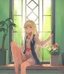  1girl arm_up bangs bare_legs barefoot blonde_hair blue_bra blue_eyes blunt_bangs bow bra dress flower flower_pot hand_on_own_knee hand_on_wall leg_up long_hair long_sleeves looking_at_viewer original parted_lips peroncho plant potted_plant red_bow red_ribbon ribbon rose sitting solo underwear white_dress wide_sleeves window 