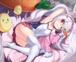 1girl 2drr animal animal_ears argyle arm_up ass azur_lane bangs bed_sheet bird blush breasts camisole carrot chick commentary_request eyebrows_visible_through_hair food fur-trimmed_jacket fur-trimmed_sleeves fur_trim hair_between_eyes hair_ornament hairband highres holding holding_food jacket laffey_(azur_lane) long_hair long_sleeves lying no_shoes on_side one_eye_closed parted_lips pink_jacket pleated_skirt rabbit_ears red_eyes red_hairband red_skirt silver_hair skirt small_breasts solo thigh-highs twintails very_long_hair white_camisole white_legwear 