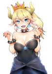  1girl bangs bare_shoulders black_collar black_dress black_nails blue_earrings borrowed_design bowsette bracelet breasts brooch claw_pose cleavage collar commentary_request cowboy_shot crown dress eyebrows_visible_through_hair gem highres horns jewelry leaning_to_the_side long_hair looking_at_viewer super_mario_bros. medium_breasts medium_dress nail_polish nakasone_haiji new_super_mario_bros._u_deluxe nintendo open_mouth ponytail sharp_teeth simple_background smile solo spiked_armlet spiked_bracelet spiked_collar spikes standing strapless strapless_dress super_crown super_mario_bros. teeth turtle_shell white_background 