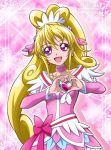  1girl :d aida_mana blonde_hair bow choker collarbone cure_heart dokidoki!_precure dress earrings floating_hair hair_ornament hanzou heart heart_earrings heart_hands high_ponytail jewelry long_hair looking_at_viewer open_mouth pink_bow pink_dress precure smile solo upper_body very_long_hair violet_eyes 