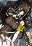  1girl absurdres arm_up armband assault_rifle bangs black_hair breasts brown_eyes brown_hair clothes_around_waist damaged eyebrows_visible_through_hair girls_frontline gloves gun hair_between_eyes headphones highres jacket jacket_around_waist long_hair looking_at_hand looking_at_viewer lying m4_carbine m4a1_(girls_frontline) multicolored_hair nez-3 on_back parted_lips rain rifle scarf sidelocks streaked_hair torn_clothes weapon 
