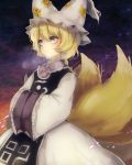  1girl blonde_hair commentary_request dress expressionless fox_tail frilled_sleeves frills grey_eyes hands_in_opposite_sleeves hat highres long_sleeves multiple_tails ofuda pillow_hat sakuratsuki short_hair tabard tail touhou white_dress yakumo_ran 