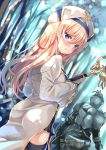  1boy 1girl armor ass bangs black_legwear blonde_hair blurry blurry_background breasts commentary_request depth_of_field dress dutch_angle eyebrows_visible_through_hair forest full_armor fur_trim goblin_slayer goblin_slayer! hair_between_eyes hat head_tilt helm helmet holding holding_staff long_sleeves looking_at_viewer looking_back nature parted_lips pixiv_id priestess_(goblin_slayer!) small_breasts solo_focus staff standing thigh-highs tree twitter_username white_dress white_hat wide_sleeves xephonia 