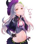  1girl breasts capelet commentary_request crop_top groin hair_bun hair_ornament hat highres hololive izumi_sai long_hair looking_at_viewer midriff murasaki_shion navel silver_hair small_breasts smile smug solo transparent_background witch_hat yellow_eyes 