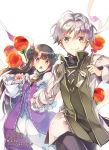  &gt;:) 1boy 1girl :o bangs blunt_bangs brown_eyes brown_hair candy_apple clenched_hand double_bun dress food hand_holding highres long_hair long_sleeves looking_at_viewer official_art okashina_tensei puffy_sleeves purple_dress shuri_yasuyuki silver_hair smile standing white_background 