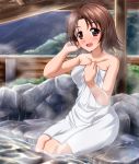  1girl bangs blurry blurry_background blush brown_eyes brown_hair collared_shirt commentary_request depth_of_field falling_star girls_und_panzer hand_in_hair highres holding holding_towel looking_at_viewer naked_towel night night_sky onsen open_mouth outdoors parted_bangs rock sawa_azusa shirt short_hair sitting sky smile soaking_feet solo star_(sky) starry_sky steam stone towel water wet wet_hair white_towel zanntetu 