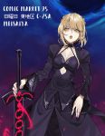  1girl artist_name artoria_pendragon_(all) black_bow black_dress blonde_hair bow braid breasts choker cleavage dress excalibur fate/stay_night fate_(series) hair_bow highres holding holding_sword holding_weapon long_dress long_sleeves looking_at_viewer medium_breasts night open_mouth outdoors saber_alter short_hair shrug_(clothing) sleeveless sleeveless_dress solo sword teshima_nari weapon yellow_eyes 