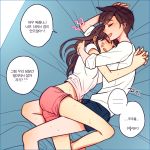  2girls bangs blush brown_hair closed_eyes d.va_(overwatch) earrings facial_mark facing_another from_side hooreng hug jewelry korean long_hair lying multiple_girls multiple_piercings on_side open_mouth overwatch shirt short_hair short_shorts short_sleeves shorts sleeves_rolled_up sweat tracer_(overwatch) translation_request white_shirt yuri 