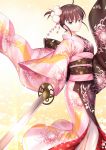 1girl ahoge back_bow bangs bow brown_bow brown_eyes brown_hair brown_kimono closed_mouth commentary_request eyebrows_visible_through_hair floral_print gogatsu_fukuin hair_between_eyes hair_ornament highres holding holding_sword holding_weapon japanese_clothes kara_no_kyoukai katana kimono long_sleeves looking_at_viewer multicolored multicolored_clothes multicolored_kimono obi outstretched_arm pink_kimono print_kimono ryougi_shiki sash solo standing sword v-shaped_eyebrows weapon wide_sleeves 