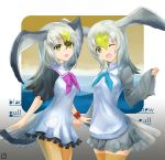  2girls bird_tail bird_wings black-tailed_gull_(kemono_friends) blonde_hair bracelet commentary_request common_gull_(kemono_friends) cowboy_shot dress eyebrows_visible_through_hair frilled_dress frilled_sleeves frills grey_hair head_wings jewelry kemono_friends long_hair long_sleeves multicolored_hair multiple_girls neckerchief one_eye_closed pantyhose pleated_skirt sailor_collar sailor_dress short_sleeves skirt tamamushi thigh-highs white_hair wings yellow_eyes yellow_legwear 