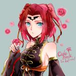  1girl bare_shoulders blue_eyes breasts chinese_clothes code_geass detached_sleeves facial_mark flower forehead_mark hair_flower hair_ornament hair_ribbon high_collar ilohasvio kallen_stadtfeld large_breasts looking_at_viewer red_flower redhead ribbon short_hair sideboob solo two_side_up 