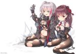  2girls arm_up artist_name bangs between_breasts black_gloves black_jacket blue_bow blue_eyes blunt_bangs bow bow_panties braid breasts brown_hair brown_legwear collared_shirt crop_top eyebrows_visible_through_hair girls_frontline gloves hair_ribbon hand_up heterochromia highres jacket large_breasts lee_seok_ho long_hair mdr_(girls_frontline) multicolored_hair multiple_girls navel necktie necktie_between_breasts one_side_up open_clothes open_jacket open_mouth panties pantyhose pink_hair red_eyes red_neckwear red_ribbon ribbon shirt silver_hair sitting smile streaked_hair thigh_strap torn_clothes torn_legwear torn_shirt underwear wa2000_(girls_frontline) white_panties white_shirt wing_collar 