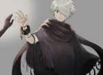  1boy bandage bracelet cloak grey_hair hair_over_one_eye jewelry looking_at_viewer octopath_traveler open_mouth scarf short_hair simple_background solo therion_(octopath_traveler) white_hair wspread 