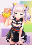  1girl 2018 :q animal_ears artist_name bangs black_jacket black_skirt blue_eyes bow breasts cat_ears cleavage cleavage_cutout cowboy_shot dated hair_ornament hairclip hand_on_lap highres holding jacket kaguya_luna kaguya_luna_(character) leaning_forward long_hair looking_at_viewer medium_breasts mikmix miniskirt shiny shiny_hair silver_hair skirt sleeveless_jacket solo standing thigh-highs tongue tongue_out twintails virtual_youtuber white_bow 