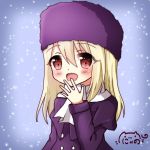  1girl :d bangs blonde_hair blush commentary_request dress eyebrows_visible_through_hair fate/stay_night fate_(series) fur_hat hair_between_eyes hand_up hat heart heart_in_eye highres illyasviel_von_einzbern long_hair looking_at_viewer nyano21 open_mouth purple_capelet purple_dress purple_hat red_eyes scarf signature smile solo symbol_in_eye white_scarf 