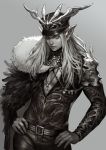 1boy belt black_cape black_hat cape cleavage_cutout earrings elf fur_trim grey_background greyscale hands_on_hips hat highres jewelry kyoung_hwan_kim long_hair looking_at_viewer monochrome necklace original pointy_ears solo standing 