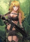  1girl assault_rifle bandage_on_face bandanna bangs bare_shoulders blonde_hair breasts camouflage cleavage crop_top dirty_face dog_tags finger_on_trigger fingerless_gloves gloves green_eyes grenade_launcher gun handgun highres hiroki_ree holstered_weapon hoshii_miki idolmaster idolmaster_(classic) jungle long_hair looking_at_viewer m16 m16a1 m1911 m203 medium_breasts nature outdoors plant rifle short_shorts shorts sling solo tagme tree underbarrel_grenade_launcher weapon 