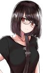  1girl :/ arm_at_side black-framed_eyewear black_shirt brown_eyes glasses highres jewelry looking_at_viewer mole mole_under_eye necklace norman_maggot original shirt short_hair simple_background solo upper_body white_background 