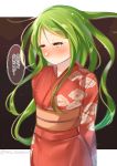  1girl arms_behind_back blush character_request closed_mouth commentary_request forehead green_eyes green_hair japanese_clothes juurouta kantai_collection kimono long_hair long_sleeves looking_away obi print_kimono sash shy small solo speech_bubble translated wide_sleeves 