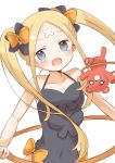  1girl :d abigail_williams_(fate/grand_order) alternate_costume alternate_hairstyle bangs bare_arms bare_shoulders black_bow black_leotard blue_eyes blush bow bug butterfly collarbone commentary_request covered_navel crossed_bandaids eyebrows_visible_through_hair fate/grand_order fate_(series) hair_bow head_tilt hikkii hoop insect leotard long_hair open_mouth orange_bow parted_bangs simple_background smile solo stuffed_animal stuffed_toy teddy_bear upper_body very_long_hair white_background 