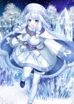  1girl ainu_clothes bangs blue_eyes blush cape fate/grand_order fate_(series) fushimi_(fukumi) grass hair_between_eyes hat ice long_hair looking_at_viewer mittens open_mouth outdoors silver_hair sitonai sky smile star_(sky) starry_sky very_long_hair white_legwear white_mittens wide_sleeves 