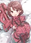  1girl asymmetrical_bangs bandanna bangs blush boots brown_hair bullpup camouflage commentary cross-laced_footwear eyebrows_visible_through_hair eyelashes fur-trimmed_gloves fur_trim gloves gun highres holding holding_gun holding_weapon knee_pads lace-up_boots legs_folded llenn_(sao) looking_at_viewer lying no_hat no_headwear on_back open_mouth p-chan_(p-90) p90 pants parted_bangs pink_gloves pink_pants short_hair solo submachine_gun sword_art_online sword_art_online_alternative:_gun_gale_online takenoko_no_you violet_eyes weapon 